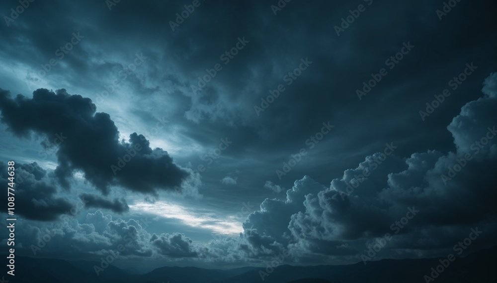Dark cloudy sky with dramatic clouds and soft light peeking through the darkness over mountains Dark cloudy sky with dramatic clouds and soft light peeking through the darkness over mountains