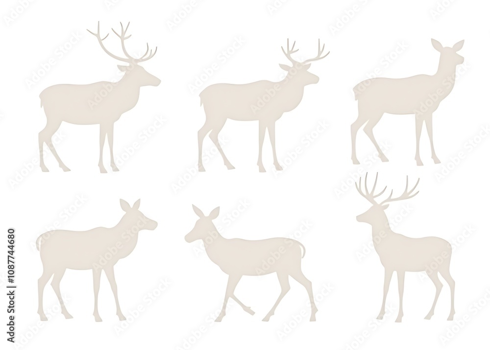 Vector set featuring elk and deer silhouettes in a muted color palette, isolated on a white background for various uses. Vector set featuring elk and deer silhouettes in a muted color palette, isolated on a white background for various uses.