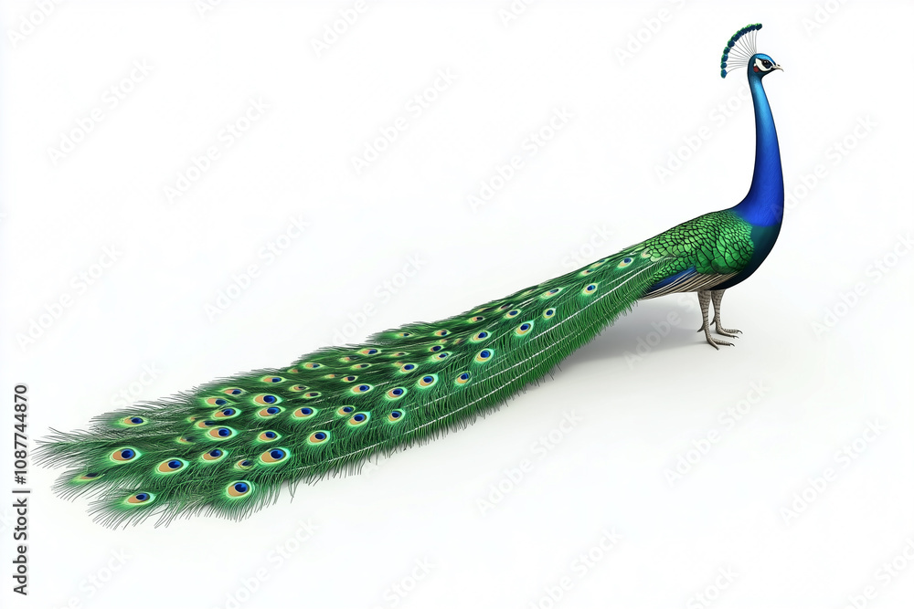 Fototapeta premium Stunning Peacock Displaying Vibrant Feathers with Rich Green and Blue Colors Against a Plain White Background for Elegant Nature Imagery and Artistic Projects