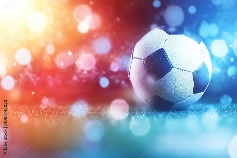 Bright Light Reflection on a Soccer Ball in a Vibrant Field Setting with Colorful Bokeh Background for Sport and Activity Themes Bright Light Reflection on a Soccer Ball in a Vibrant Field Setting with Colorful Bokeh Background for Sport and Activity Themes