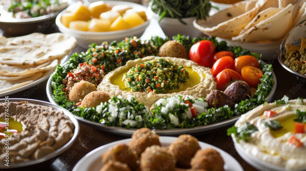 A mouthwatering platter of assorted Mediterranean mezze, including hummus A mouthwatering platter of assorted Mediterranean mezze, including hummus
