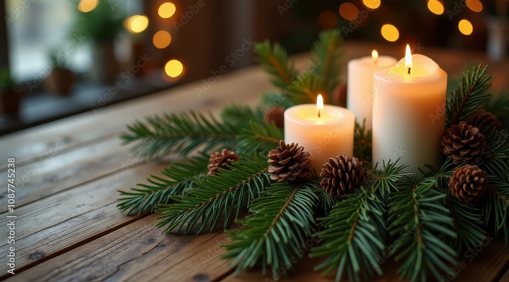 Three glowing candles amidst evergreen branches and pinecones on a wooden table, creating a cozy holiday atmosphere with soft focus lights in the background Three glowing candles amidst evergreen branches and pinecones on a wooden table, creating a cozy holiday atmosphere with soft focus lights in the background