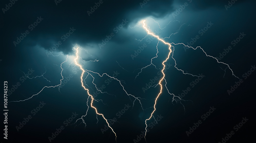 Dramatic lightning bolts illuminating dark storm clouds in a night sky, showcasing the power and intensity of a thunderstorm.