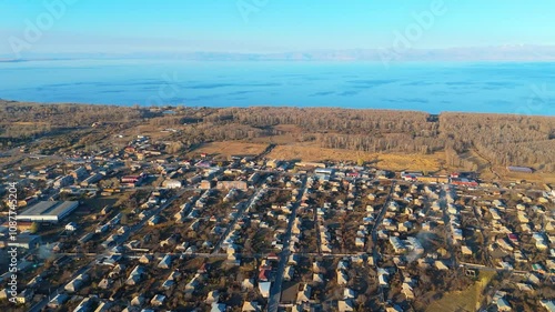 Aerial view from a drone of densely populated coastal village