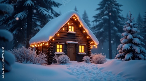 A cozy log cabin decorated with warm lights, surrounded by snow and evergreen trees in a magical winter scene