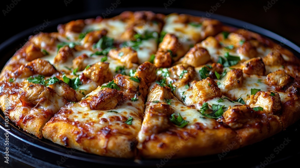 A delicious chicken pizza with melted cheese and fresh parsley on a black plate. A delicious chicken pizza with melted cheese and fresh parsley on a black plate.