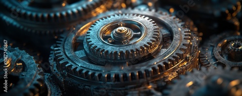 Close-up of interlocking metal gears, showcasing intricate details and textures in a mechanical setting.