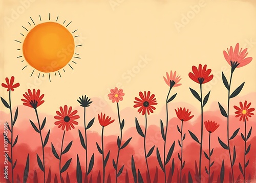 Vintage background features a sun and flowers set against a pink yellow red color palette with doodle shapes in a naive hippie style. #1087745895