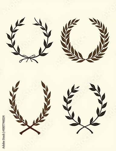 Vintage laurel wreaths and ancient Greek olive branches feature in heraldic symbols of nobility and royalty from a historical era. photo