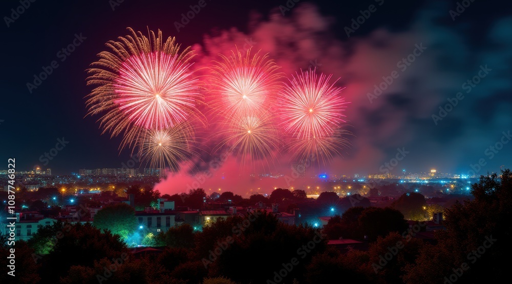 Vibrant red fireworks lighting up a night city skyline during new year celebrations Vibrant red fireworks lighting up a night city skyline during new year celebrations