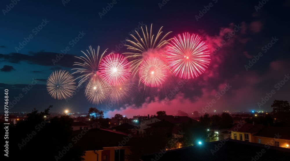 Vibrant red fireworks lighting up a night city skyline during new year celebrations Vibrant red fireworks lighting up a night city skyline during new year celebrations