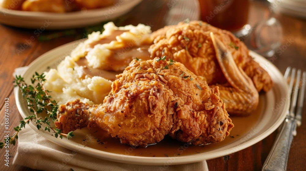 A mouthwatering platter of crispy fried chicken with golden-brown skin, served with mashed potatoes and gravy A mouthwatering platter of crispy fried chicken with golden-brown skin, served with mashed potatoes and gravy