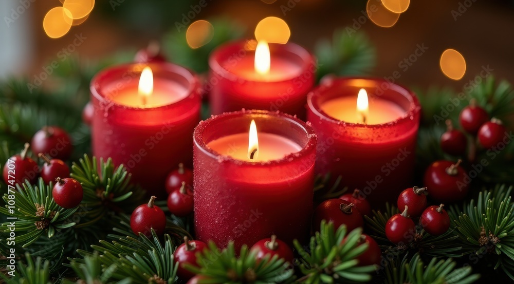 Red Christmas candles surrounded by festive greenery and berries for a warm holiday feel Red Christmas candles surrounded by festive greenery and berries for a warm holiday feel