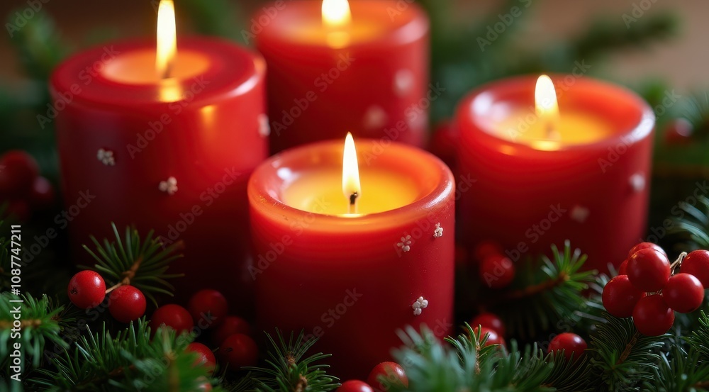 Red Christmas candles surrounded by festive greenery and berries for a warm holiday feel Red Christmas candles surrounded by festive greenery and berries for a warm holiday feel
