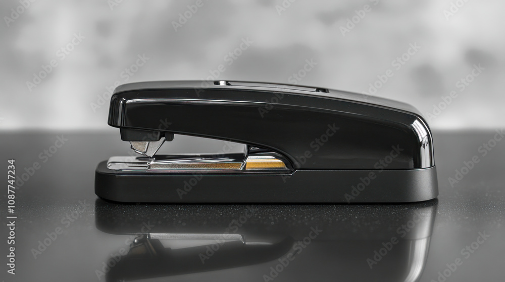 Black stapler on reflective surface in minimalist office setting Black stapler on reflective surface in minimalist office setting