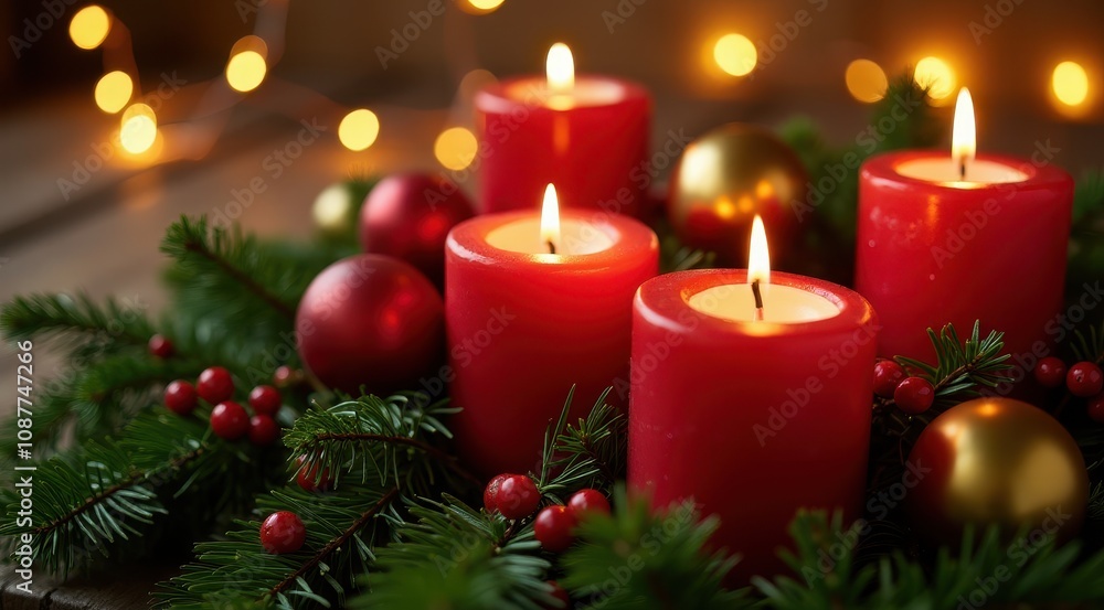 Red Christmas candles surrounded by festive greenery and berries for a warm holiday feel Red Christmas candles surrounded by festive greenery and berries for a warm holiday feel