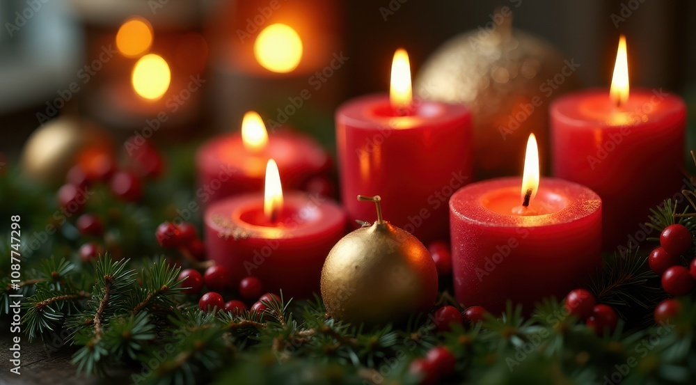 Red Christmas candles surrounded by festive greenery and berries for a warm holiday feel Red Christmas candles surrounded by festive greenery and berries for a warm holiday feel