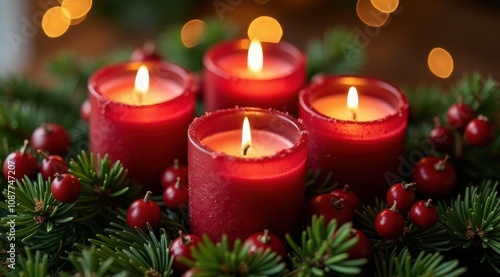 Red Christmas candles surrounded by festive greenery and berries for a warm holiday feel