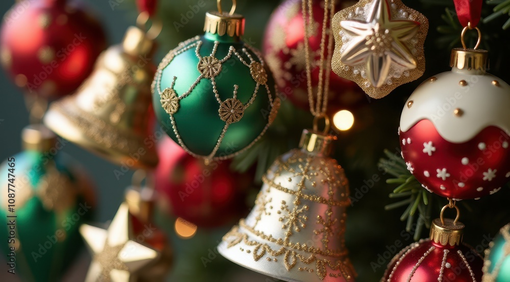 Festive Christmas tree adorned with elegant red, green, and gold ornaments, featuring intricate designs and shimmering accents Festive Christmas tree adorned with elegant red, green, and gold ornaments, featuring intricate designs and shimmering accents