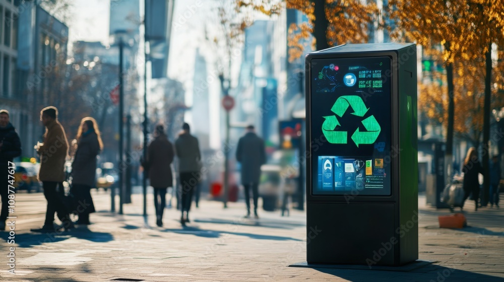 Fototapeta premium A self-service recycling kiosk stands on a busy city street, surrounded by pedestrians going about their day. The autumn foliage adds color to the urban landscape as the sun shines brightly.