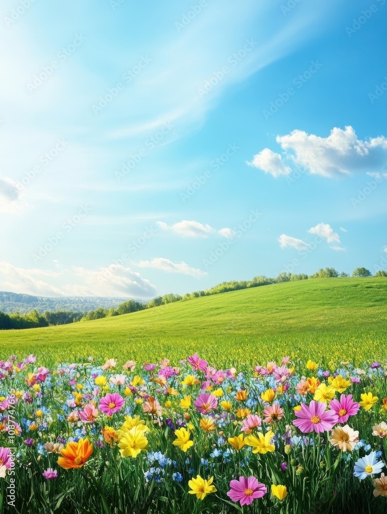 A variety of colorful flowers flourish in a bright green meadow, enjoying the sunlight and a clear blue sky on a lovely spring day. Generative AI A variety of colorful flowers flourish in a bright green meadow, enjoying the sunlight and a clear blue sky on a lovely spring day. Generative AI