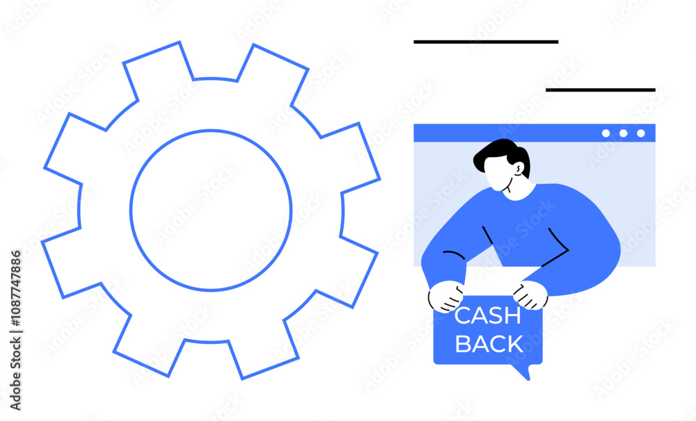 Gear symbol and person in browser window holding cashback sign. Ideal for e-commerce, digital marketing, financial services, technology plans, customer rewards. Simple vector style Gear symbol and person in browser window holding cashback sign. Ideal for e-commerce, digital marketing, financial services, technology plans, customer rewards. Simple vector style
