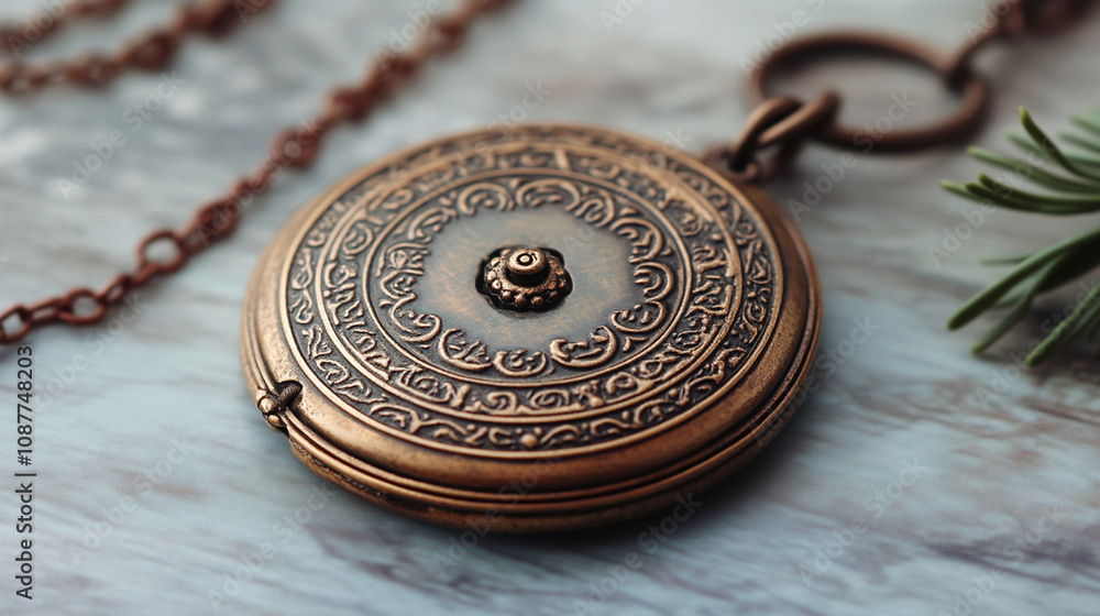 A charming copper locket is elegantly resting on a table beside a pine branch A charming copper locket is elegantly resting on a table beside a pine branch