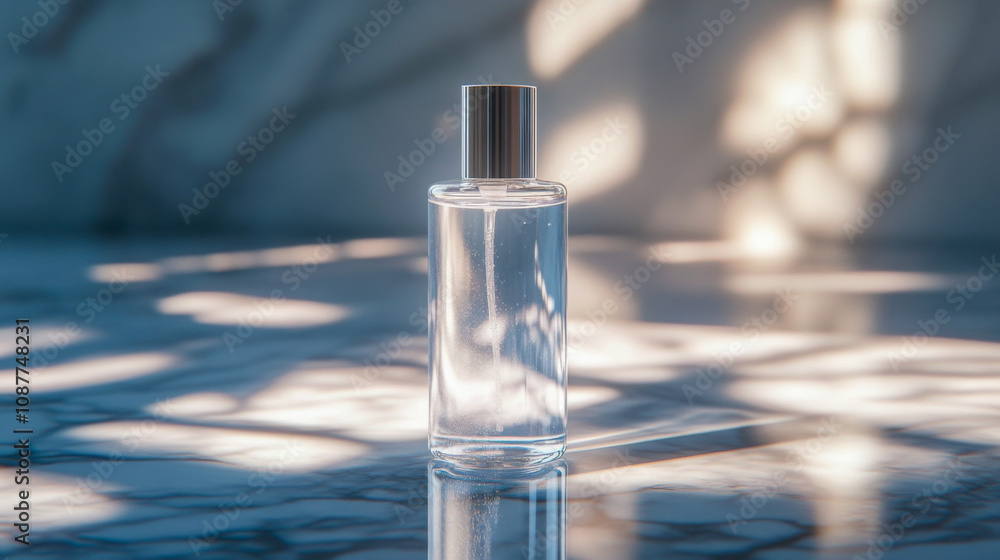 Clear perfume bottle with sunlight reflections on marble surface Clear perfume bottle with sunlight reflections on marble surface