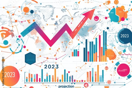 Global economic growth represented by upward arrow and data graphs