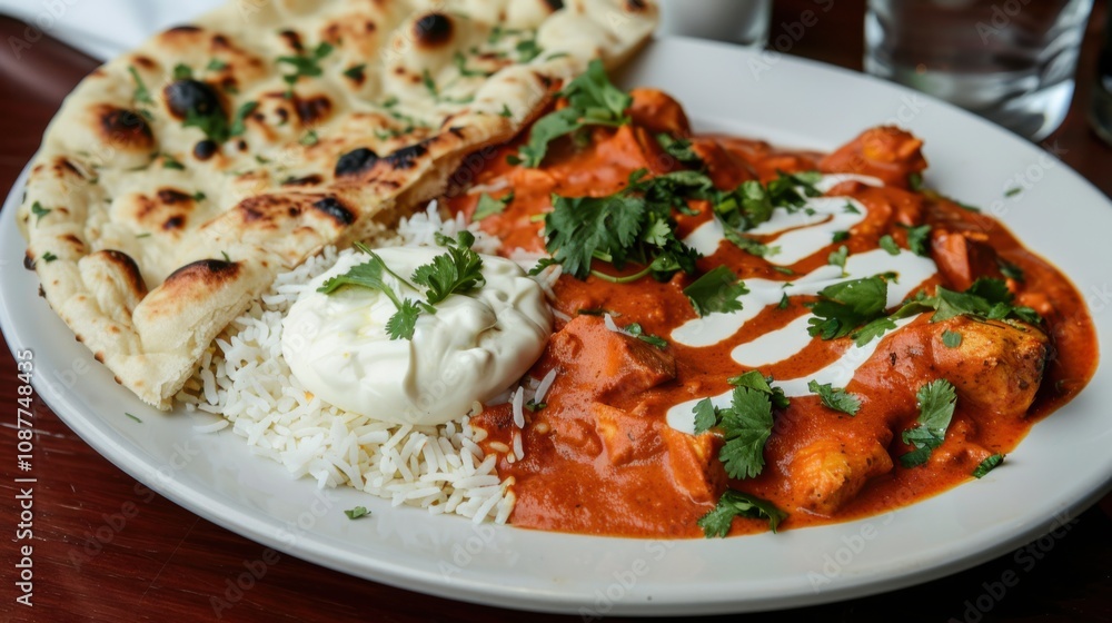 A mouthwatering platter of Indian butter chicken (murgh makhani) served with fragrant basmati rice and garlic naan, Butter chicken platter centered A mouthwatering platter of Indian butter chicken (murgh makhani) served with fragrant basmati rice and garlic naan, Butter chicken platter centered