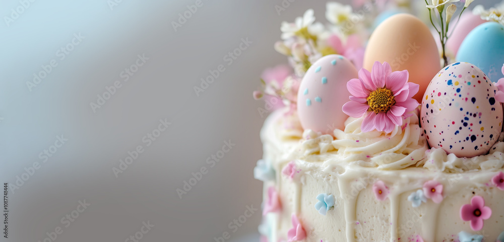 Close-up of an Easter cake topped with colorful eggs, flowers, and pastel frosting in soft natural light. Close-up of an Easter cake topped with colorful eggs, flowers, and pastel frosting in soft natural light.