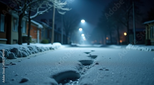 Footprints traverse a snow-covered residential street at night under the glow of streetlights, creating a serene winter scene