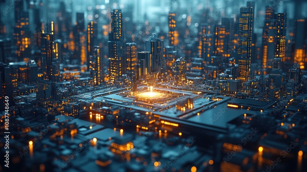 A futuristic city built on a computer chip with glowing lights. A futuristic city built on a computer chip with glowing lights.