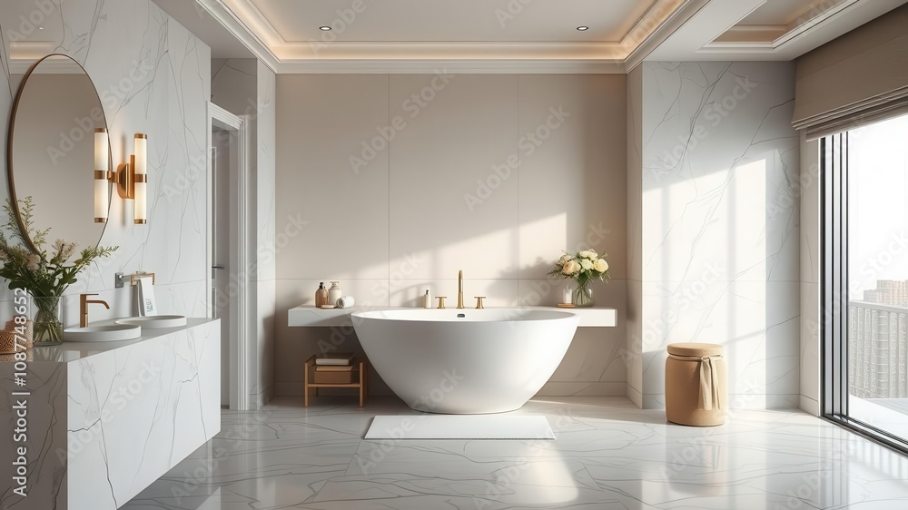 A luxurious bathroom with an elegant sink and sophisticated design, contemporary, mirror A luxurious bathroom with an elegant sink and sophisticated design, contemporary, mirror