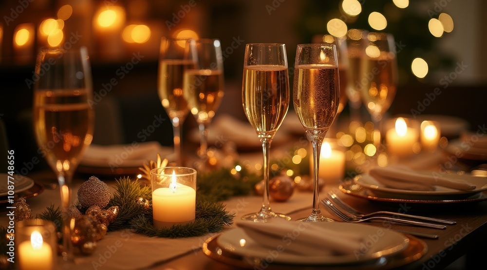 Elegant dining table set for a celebration with champagne glasses, candles, and festive decorations creating a warm, inviting atmosphere Elegant dining table set for a celebration with champagne glasses, candles, and festive decorations creating a warm, inviting atmosphere