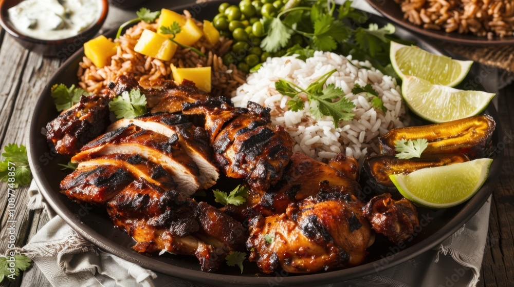 A mouthwatering platter of Jamaican jerk chicken with spicy marinade, served with rice and peas A mouthwatering platter of Jamaican jerk chicken with spicy marinade, served with rice and peas