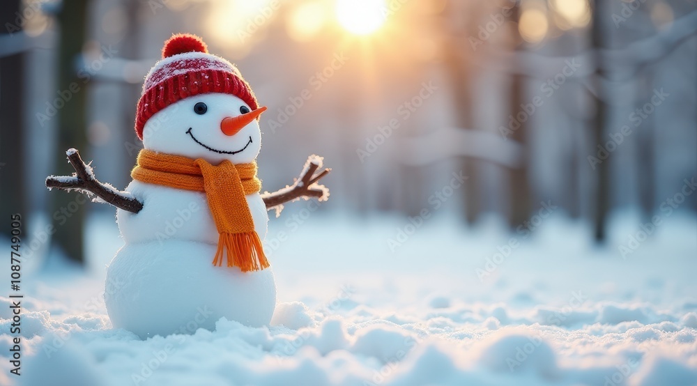 Obraz premium A cheerful snowman with a scarf and hat, surrounded by a snowy landscape in a winter park
