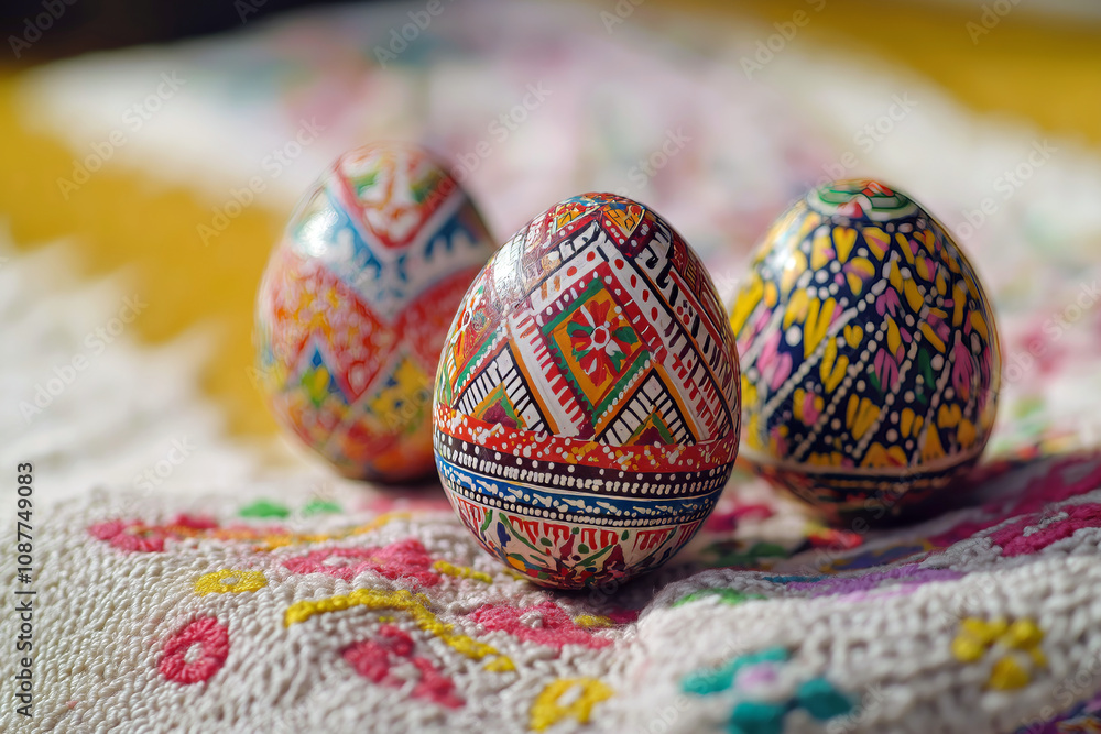 Close-up of vibrant hand-painted Ukrainian Pysanka Easter eggs with intricate geometric and floral patterns, displayed on a traditional embroidered cloth. Close-up of vibrant hand-painted Ukrainian Pysanka Easter eggs with intricate geometric and floral patterns, displayed on a traditional embroidered cloth.