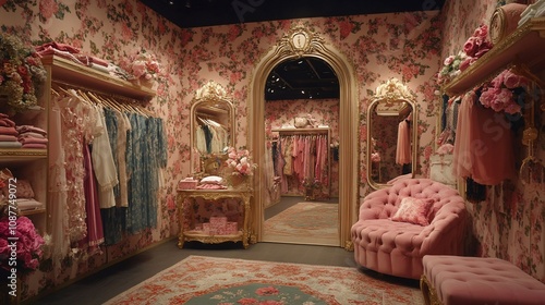 A stylish boutique featuring floral decor, elegant clothing, and a cozy seating area.