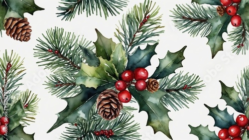 pattern of holly berries, pine branches, and cones in watercolor style on a white background. Christmas and holiday decoration concept.