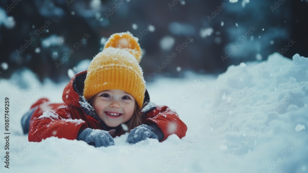 child in winter clothes with a happy face lies in the snow, fun atmosphere child in winter clothes with a happy face lies in the snow, fun atmosphere