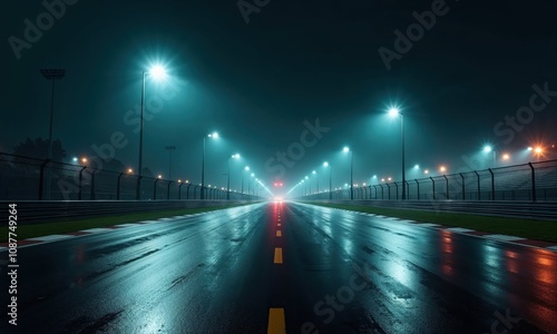 Atmospheric night view of illuminated race track with wet surface reflecting blue street lights. Empty circuit creates dramatic perspective with endless row of lampposts disappearing into distance