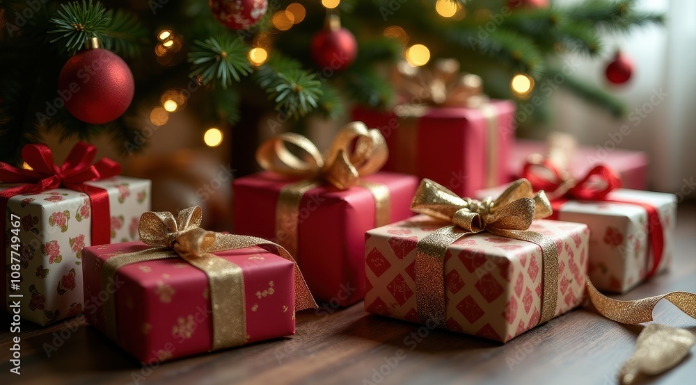 Colorful Christmas presents wrapped in red and gold paper with bows are beautifully arranged under a decorated tree with glowing lights Colorful Christmas presents wrapped in red and gold paper with bows are beautifully arranged under a decorated tree with glowing lights