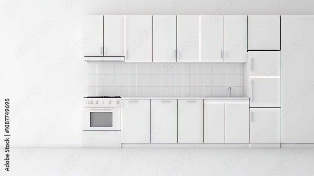An all-white modern kitchen cabinet setup with integrated appliances, isolated for design inspiration. An all-white modern kitchen cabinet setup with integrated appliances, isolated for design inspiration.