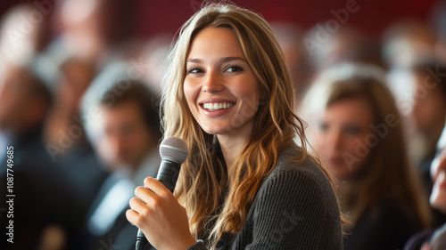realistic photo of a presentable white woman with a microphone in her hands, who is speaking in front of an audience on a small stage, smiling on her face