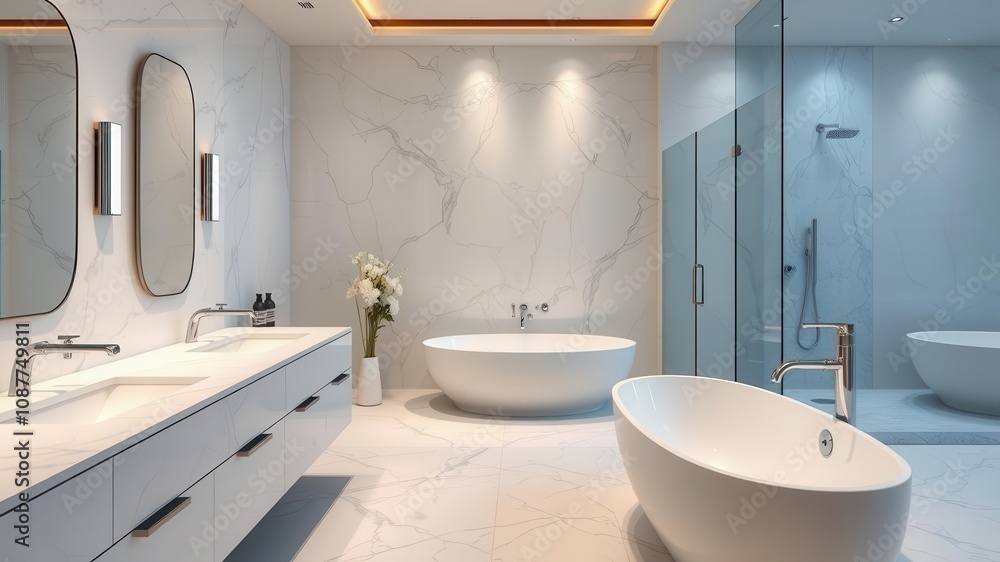 Fototapeta premium A luxurious contemporary bathroom with sleek marble countertops, a freestanding bathtub, and chrome fixtures, exuding elegance and sophistication, chrome, design
