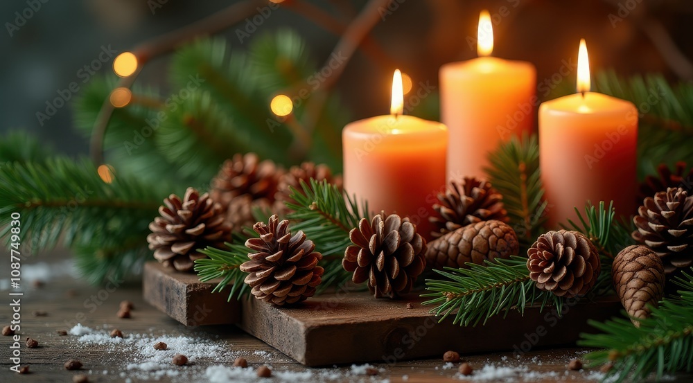 Red Christmas candles surrounded by festive greenery and berries for a warm holiday feel Red Christmas candles surrounded by festive greenery and berries for a warm holiday feel