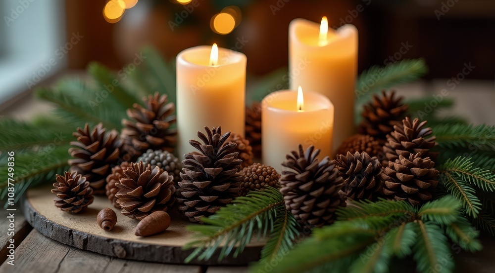 Red Christmas candles surrounded by festive greenery and berries for a warm holiday feel Red Christmas candles surrounded by festive greenery and berries for a warm holiday feel