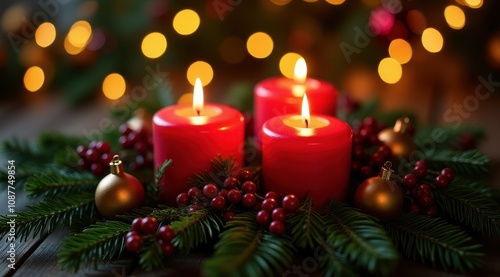 Red Christmas candles surrounded by festive greenery and berries for a warm holiday feel