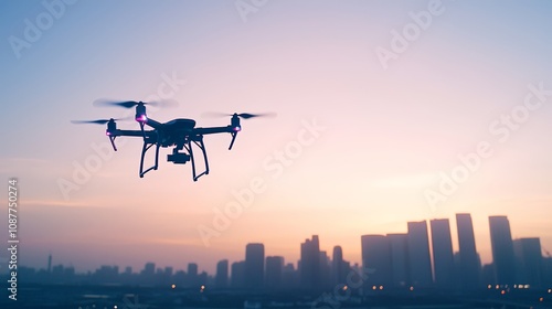 Drone flying over city at sunset.